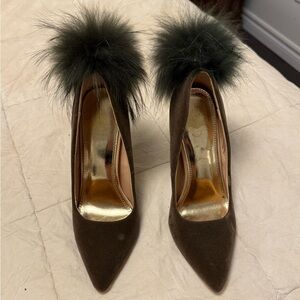 Elegant Green Brownish Heels with Fur Accent